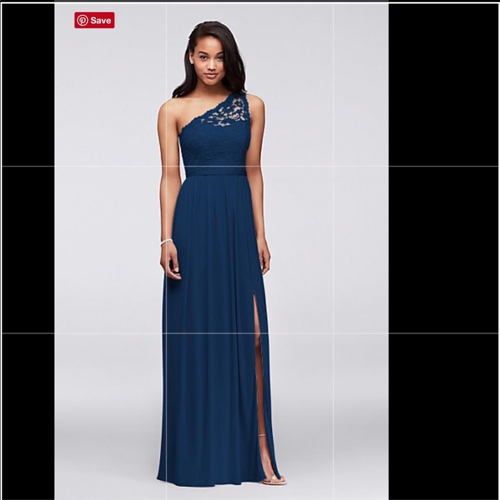 David’s Bridal bridesmaid one shoulder lace Marine